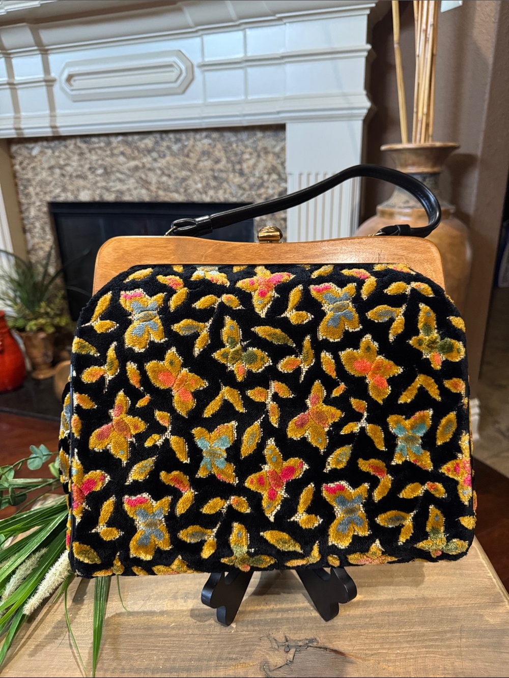 Vintage Tapestry Purse Black Floral Blue, Green, Pink & Yellow. EUC